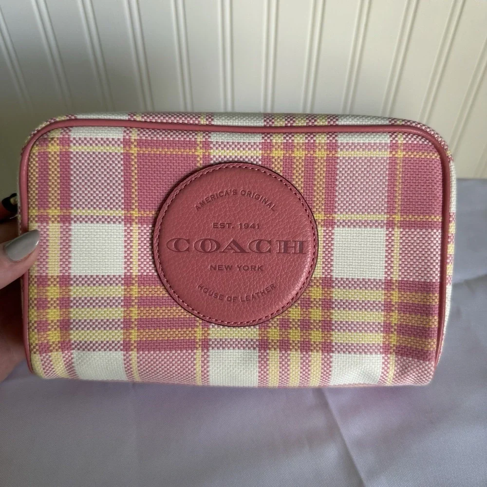 Coach Plaid Dempsey Boxy Cosmetic Makeup Toiletry Bag Wristlet Pink Taffy Multi